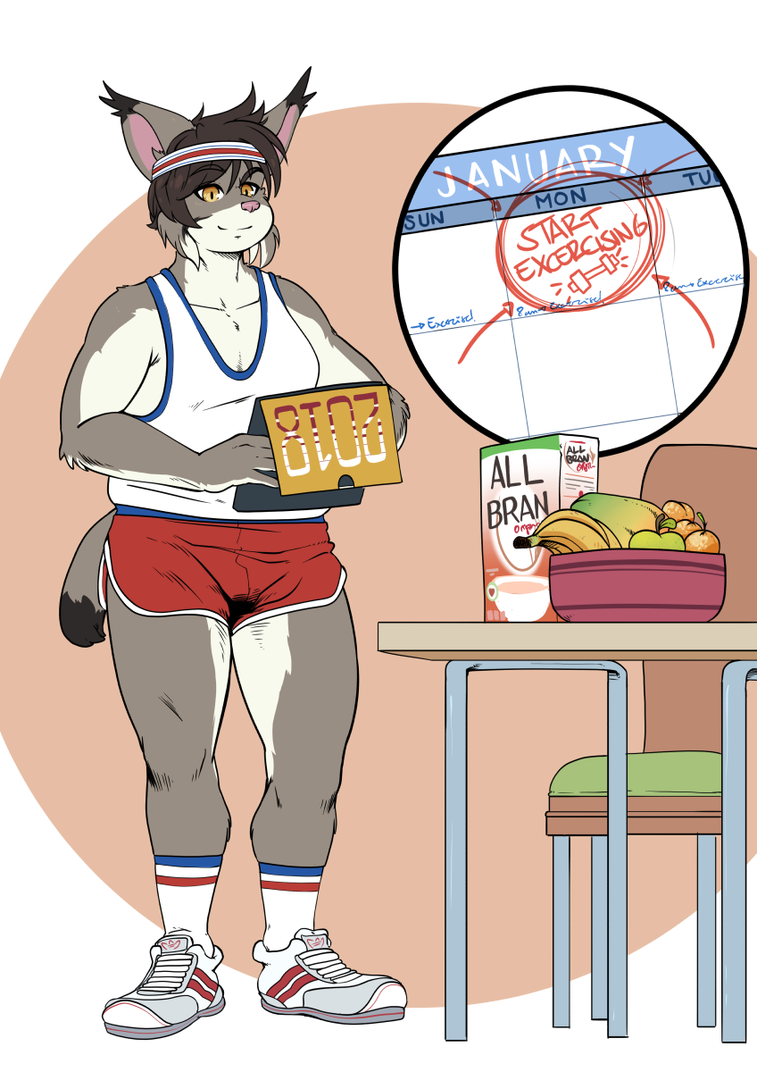 2018 anthro calendar cereal clothed clothing digital_media_(artwork) dipstick_tail english_text feline food fruit fully_clothed hair headband inside lynx male mammal mangolynx multicolored_tail shirt shorts slightly_chubby solo standing tank_top text track_shorts year