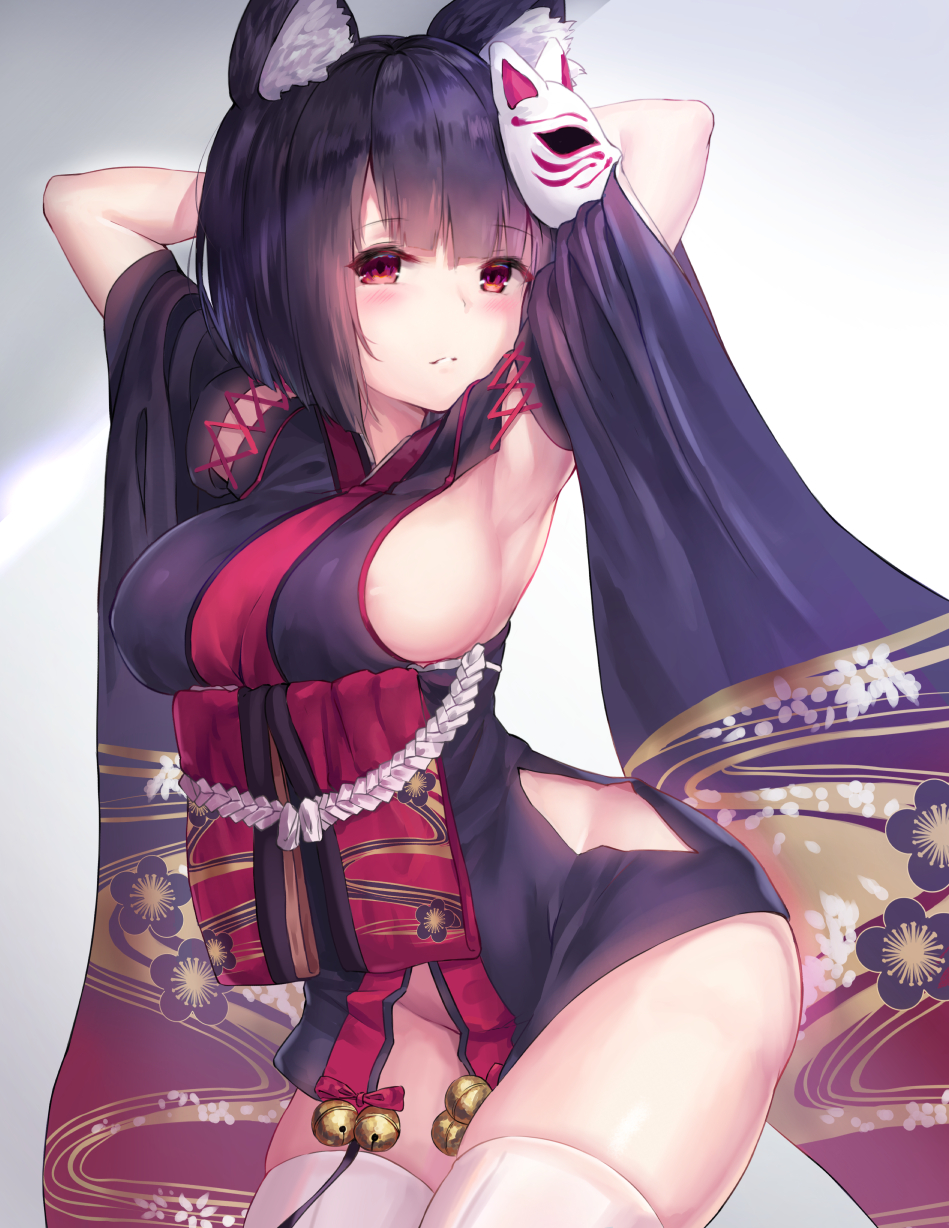 animal_ear_fluff animal_ears areola_slip areolae armpits arms_behind_head arms_up azur_lane bangs bell black_hair black_kimono blunt_bangs breasts cat_mask commentary_request detached_sleeves eyebrows_visible_through_hair highres hip_vent japanese_clothes jingle_bell kimono looking_at_viewer mask mask_on_head medium_breasts no_bra no_panties parted_lips red_eyes short_kimono sideboob solo tama_satou thighhighs white_legwear wide_sleeves yamashiro_(azur_lane)