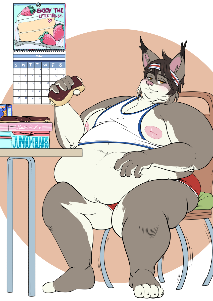 2018 anthro belly belly_overhang big_belly calendar chair clothed clothing dessert digital_media_(artwork) eating english_text feline food hair headband ineffective_clothing inside love_handles lynx male mammal mangolynx moobs nipples obese overweight overweight_male partially_clothed shirt shorts solo tank_top text thick_thighs weight_gain