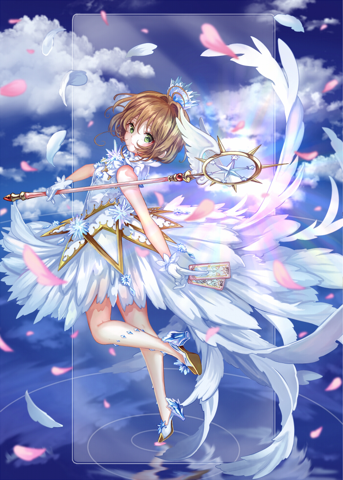 antenna_hair bangs bare_shoulders between_fingers blue_sky brown_hair card cardcaptor_sakura clear_card cloud cloudy_sky commentary_request crown day dress eyebrows_visible_through_hair gloves green_eyes hair_between_eyes hair_intakes high_heels holding holding_card holding_staff kinomoto_sakura looking_at_viewer looking_to_the_side mini_crown outdoors petals pisuke shoes sky sleeveless sleeveless_dress solo staff standing standing_on_one_leg white_dress white_footwear white_gloves yume_no_tsue