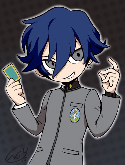 card commentary earrings english_commentary extyrannomon gakuran grey_eyes jewelry male_focus parody persona persona_1 persona_q_(series) school_uniform signature single_earring solo st._hermelin_school_uniform style_parody toudou_naoya upper_body