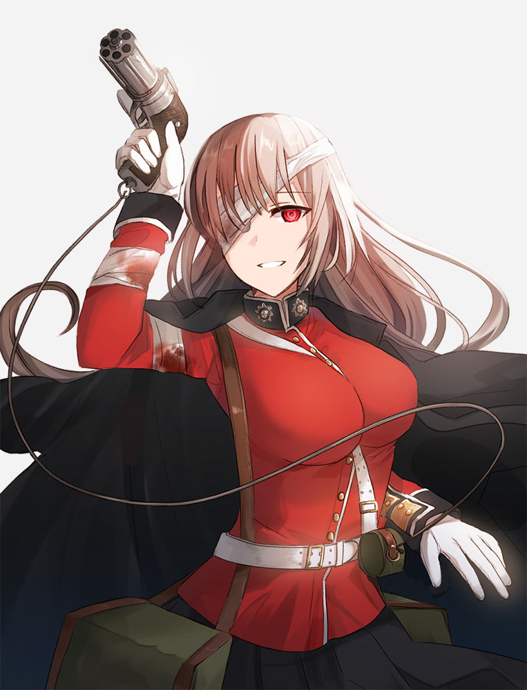 arm_up bandage_over_one_eye bangs belt belt_buckle black_jacket black_skirt breasts buckle chihuri commentary_request eyebrows_visible_through_hair fate/grand_order fate_(series) florence_nightingale_(fate/grand_order) gloves grey_background gun hair_between_eyes holding holding_gun holding_weapon jacket jacket_on_shoulders large_breasts light_brown_hair long_hair long_sleeves looking_at_viewer parted_lips partial_commentary pepper_box_revolver pleated_skirt red_eyes red_jacket simple_background skirt smile solo weapon white_belt white_gloves