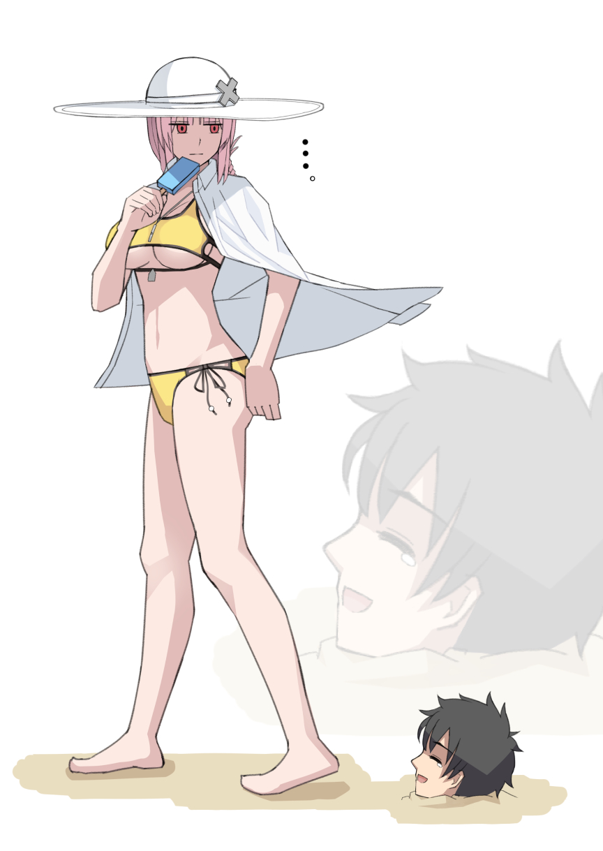 1boy 1girl artist_request barefoot bikini braid breasts breath character_request cowgirl_position curvy eyebrows_visible_through_hair fate/grand_order fate_(series) female florence_nightingale_(fate/grand_order) hat large_breasts long_hair looking_back looking_down pink_hair red_eyes short_hair simple_background sky smile straddling sun_hat sweat swimsuit tears thighs underboob walking yellow_bikini