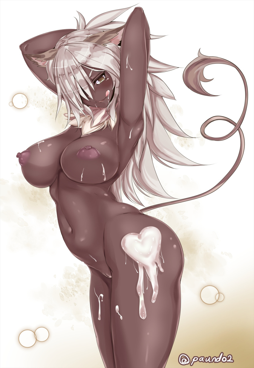 1girl animal_ears breasts brown_eyes dark_skin hair_over_one_eye high_orc_(monster_girl_encyclopedia) long_hair monster_girl monster_girl_encyclopedia nipples nude paundo2 pig_ears pussy smile solo tail tongue tongue_out uncensored white_hair