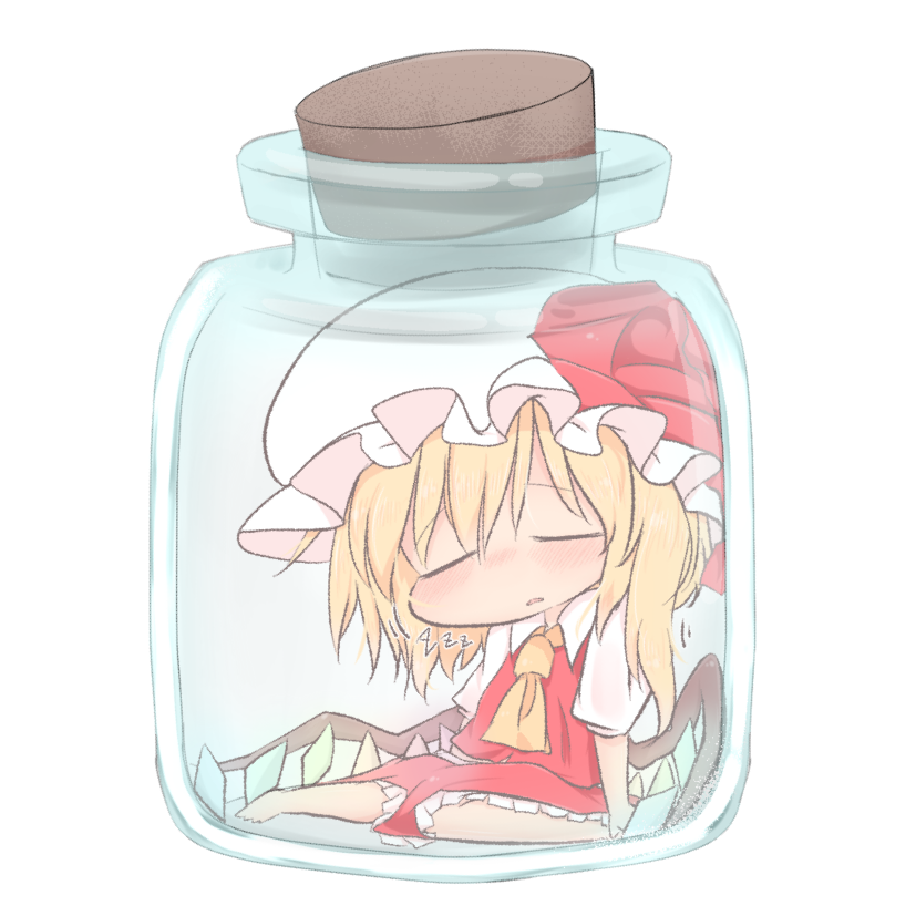 ascot bangs barefoot blonde_hair blush bow breasts chibi closed_eyes collared_shirt commentary_request crystal eyebrows_visible_through_hair flandre_scarlet frilled_hat frilled_skirt frills full_body hat hat_bow in_container knees_together_feet_apart medium_skirt mob_cap nose_blush parted_lips puffy_short_sleeves puffy_sleeves raised_eyebrows red_bow red_skirt shirt short_hair short_sleeves shoupon side_ponytail simple_background sitting sketch_eyebrows skirt skirt_set sleeping sleeping_upright small_breasts solo touhou white_background white_hat wing_collar wings yellow_neckwear zzz
