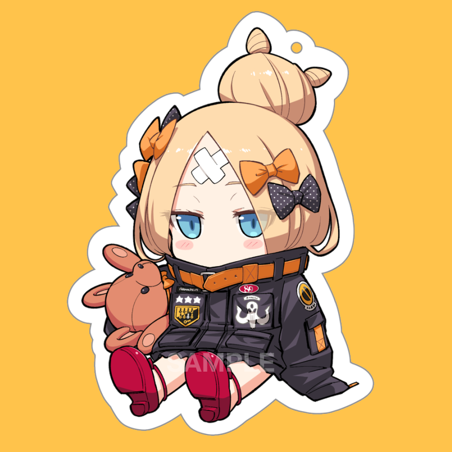 abigail_williams_(fate/grand_order) alphy bangs black_bow black_jacket blonde_hair blue_eyes blush_stickers bow chibi commentary_request covered_mouth crossed_bandaids eyebrows_visible_through_hair fate/grand_order fate_(series) full_body hair_bow hair_bun heroic_spirit_traveling_outfit jacket key long_hair long_sleeves object_hug orange_background orange_bow outline parted_bangs polka_dot polka_dot_bow red_footwear sample shoe_soles shoes sitting sleeves_past_fingers sleeves_past_wrists solo star stuffed_animal stuffed_toy teddy_bear white_outline