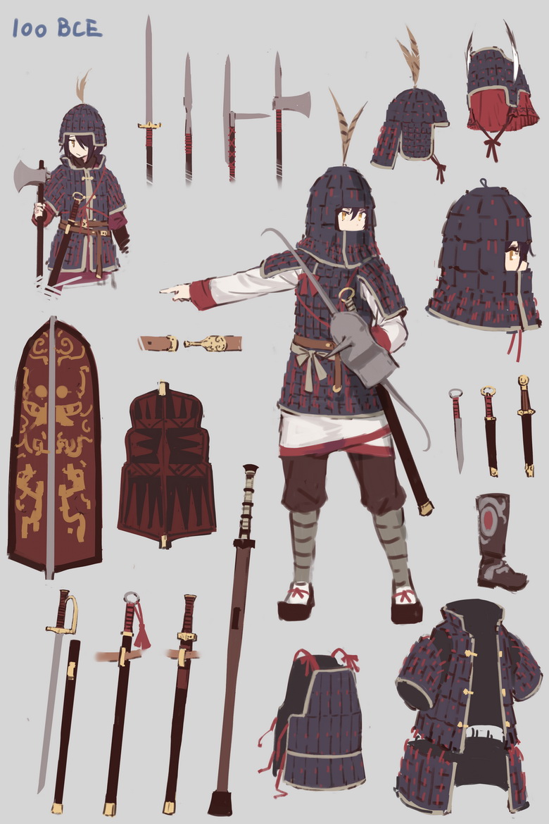 armor axe black_hair chinese_armor fangdan_runiu glaive grey_background helmet holding holding_weapon multiple_views original plume red_eyes sandals shield short_hair simple_background socks standing sword weapon white_legwear