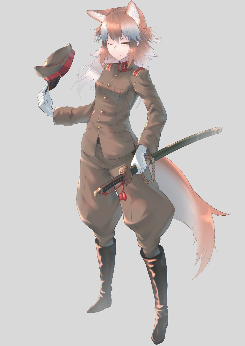 animal_ears boots check_commentary commentary_request full_body gloves hat hat_removed headwear_removed holding holding_sword holding_weapon imperial_japanese_army japanese_wolf_(kemono_friends) katana kemono_friends long_hair military military_hat military_uniform multicolored_hair one_eye_closed orange_hair puffy_pants saya_(scabbard) sheath sheathed simple_background st.takuma sword tail two-tone_hair uniform weapon white_gloves white_hair yellow_eyes