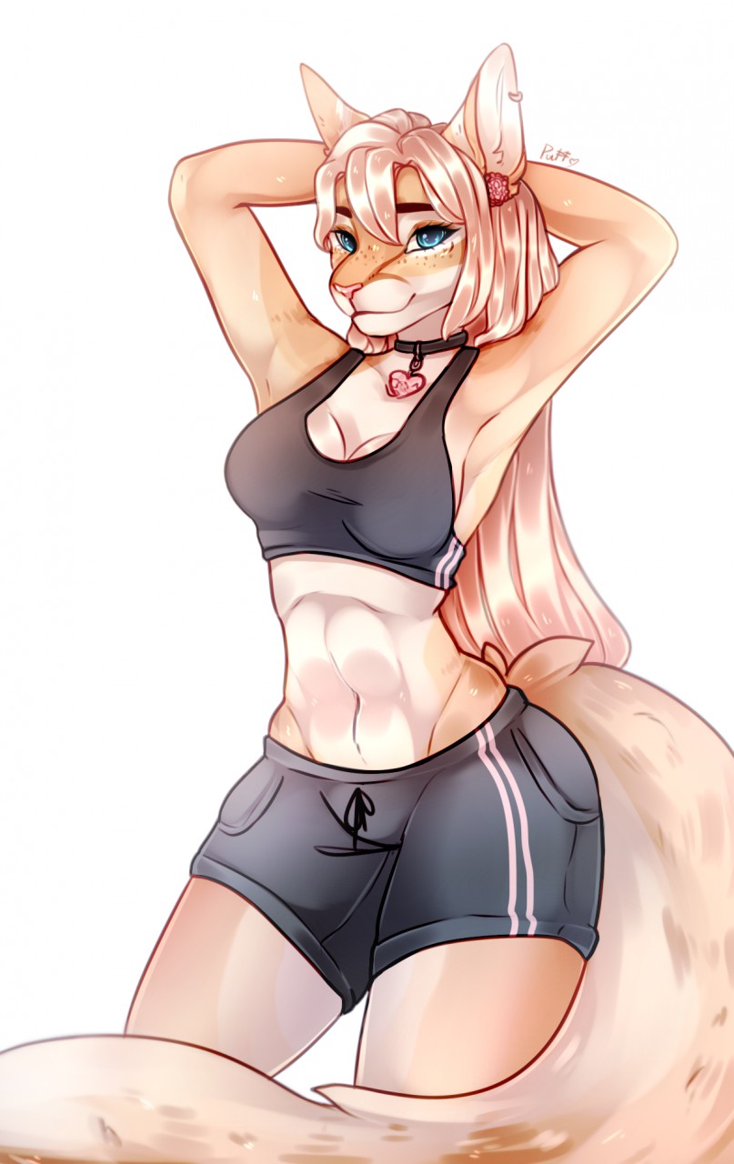 2018 anthro arms_above_head blonde_hair blue_eyes bra breasts clothing digital_media_(artwork) feline female freckles hair jewelry kristiana_puff looking_at_viewer mammal necklace simple_background solo sports_bra standing track_shorts underwear white_background