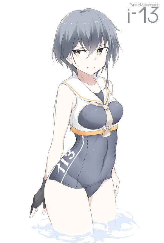 asymmetrical_hair black_hair black_swimsuit breasts brown_eyes character_name covered_navel cowboy_shot framed_breasts gloves hair_between_eyes i-13_(kantai_collection) kantai_collection medium_breasts no_hat no_headwear one-piece_swimsuit partly_fingerless_gloves school_swimsuit short_hair simple_background single_glove smile solo souji swimsuit tsurime wading water white_background