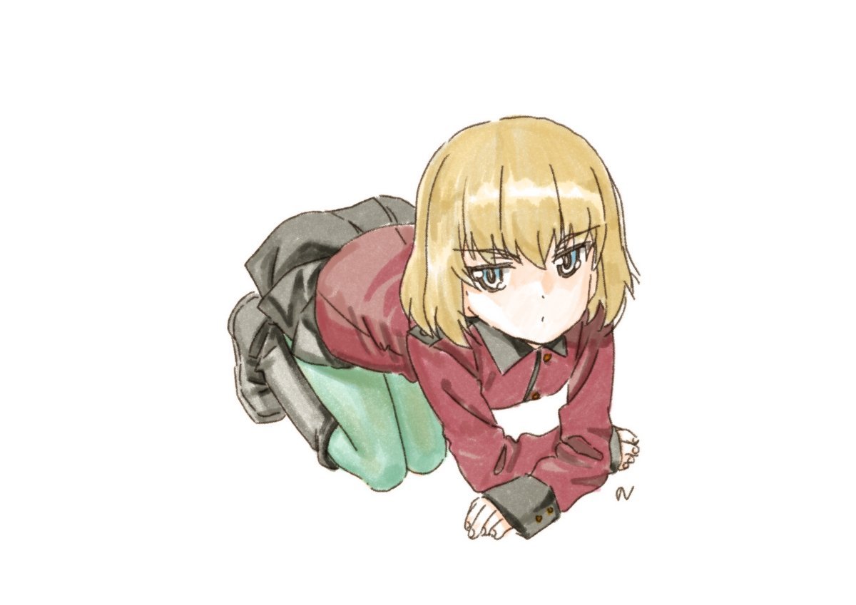 all_fours alternate_costume arm_support artist_name bad_id bad_twitter_id bangs black_footwear black_skirt blonde_hair blue_eyes boots cwind epaulettes eyebrows_visible_through_hair frown full_body girls_und_panzer green_legwear jacket katyusha long_sleeves looking_at_viewer military military_uniform miniskirt pantyhose parted_lips pleated_skirt puckered_lips red_jacket short_hair signature simple_background skirt solo st._gloriana's_military_uniform uniform