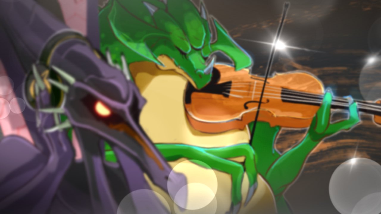 alien claws dragon extra_eyes eyes_closed hands_on_headphones headphones holding holding_instrument instrument kraid metroid monster music no_humans playing_instrument ridley sparkle spikes super_smash_bros. super_smash_bros_ultimate teke violin wings yellow_eyes