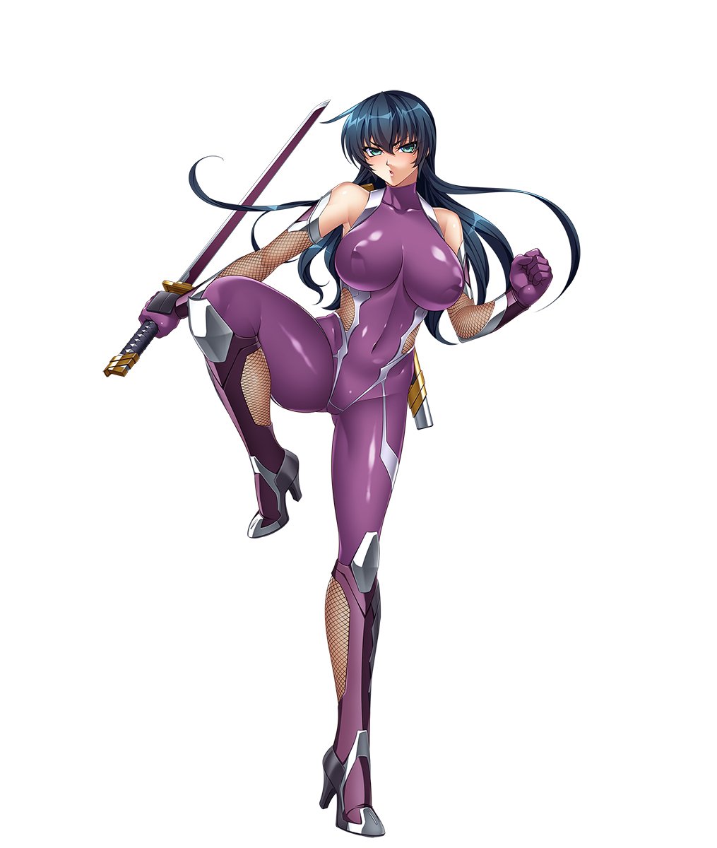 aqua_eyes bangs bare_shoulders blue_hair bodysuit breasts clenched_hand elbow_gloves fishnets full_body gloves highres holding holding_sword holding_weapon igawa_asagi impossible_bodysuit impossible_clothes kagami_hirotaka katana large_breasts leg_up lilith-soft long_hair looking_at_viewer official_art parted_lips reverse_grip shiny shiny_clothes shiny_hair shiny_skin simple_background skin_tight sleeveless solo standing standing_on_one_leg sword taimanin_(series) taimanin_asagi thighhighs weapon white_background