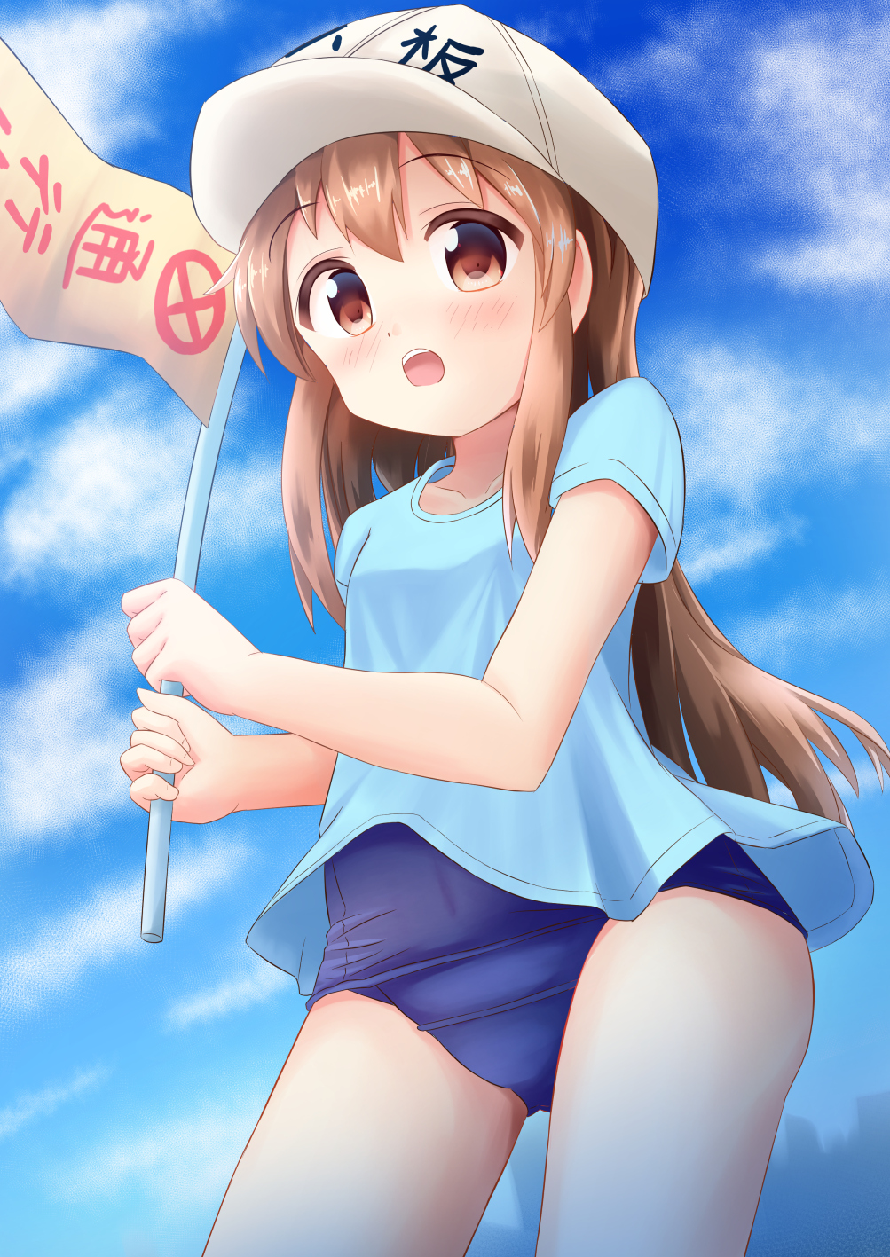 blue_shirt blue_sky blue_swimsuit brown_eyes brown_hair clothes_writing cloud day flag flat_cap from_below hat hataraku_saibou highres holding holding_flag inakami long_hair old_school_swimsuit one-piece_swimsuit outdoors platelet_(hataraku_saibou) school_swimsuit shirt short_sleeves sky solo swimsuit swimsuit_under_clothes white_hat