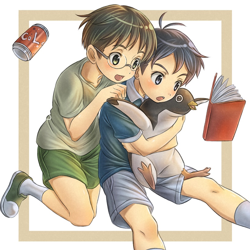 :d animal aoyama-kun_(penguin_highway) bird black_hair blue_shirt book brown_eyes brown_hair can child cola green_shorts grey_shorts hand_on_another's_shoulder holding holding_animal hug kneeling male_focus multiple_boys open_mouth penguin penguin_highway rua_(pixiv292244) shirt shoes shorts simple_background sitting smile sneakers soda_can uchida-kun_(penguin_highway)