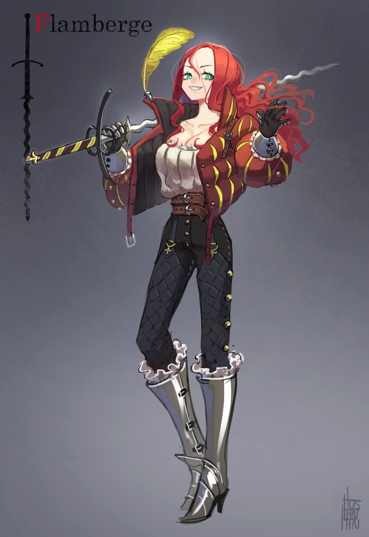 bangs belt black_pants blouse boots breasts bright_pupils brown_gloves brown_jacket cleavage commentary english_commentary feathers flamberge floating_hair forehead full_body gloves green_eyes grey_background hair_between_eyes hands_up high_heel_boots high_heels highres holding holding_sword holding_weapon jacket knee_boots large_breasts leather leather_gloves leather_jacket long_hair long_sleeves long_sword looking_at_viewer metal_boots open_clothes open_jacket original over_shoulder pants red_hair sharp_teeth signature smile solo sword teeth tostantan weapon weapon_over_shoulder white_blouse