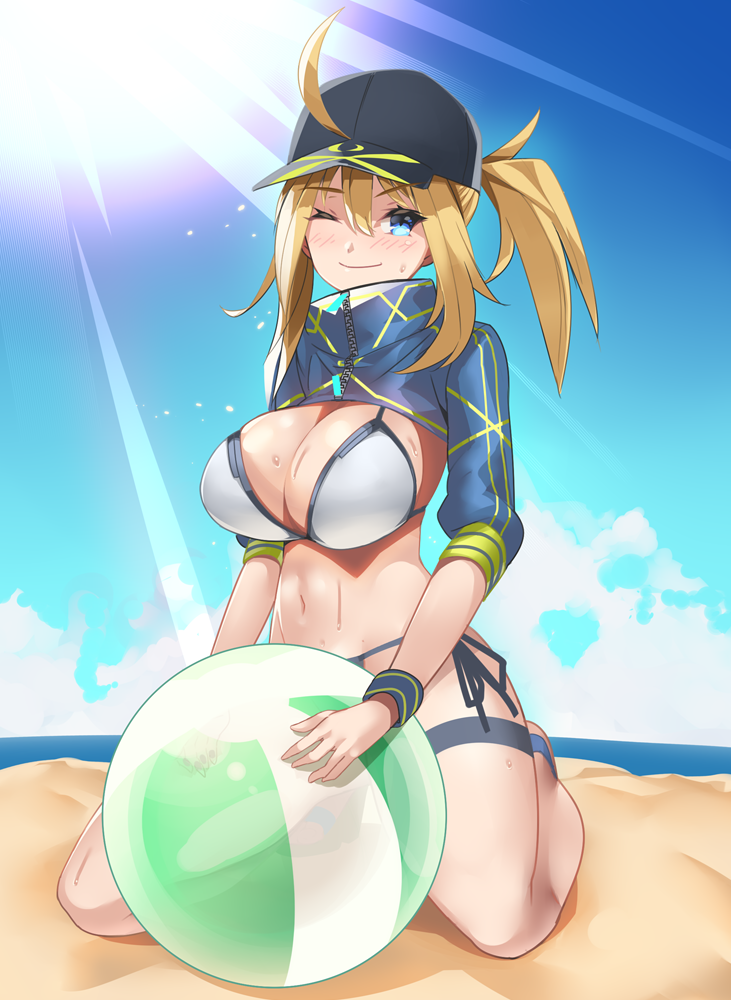 artoria_pendragon_(all) asanuma ball beach beachball bikini black_hat blue_eyes blue_sky blush breasts cleavage closed_mouth cloud commentary_request day eyebrows_visible_through_hair fate/grand_order fate_(series) full_body hair_between_eyes hair_through_headwear hat large_breasts looking_at_viewer mysterious_heroine_xx_(foreigner) navel ocean outdoors ponytail shrug_(clothing) side-tie_bikini side-tie_bottom sitting sky smile solo sunlight swimsuit white_bikini