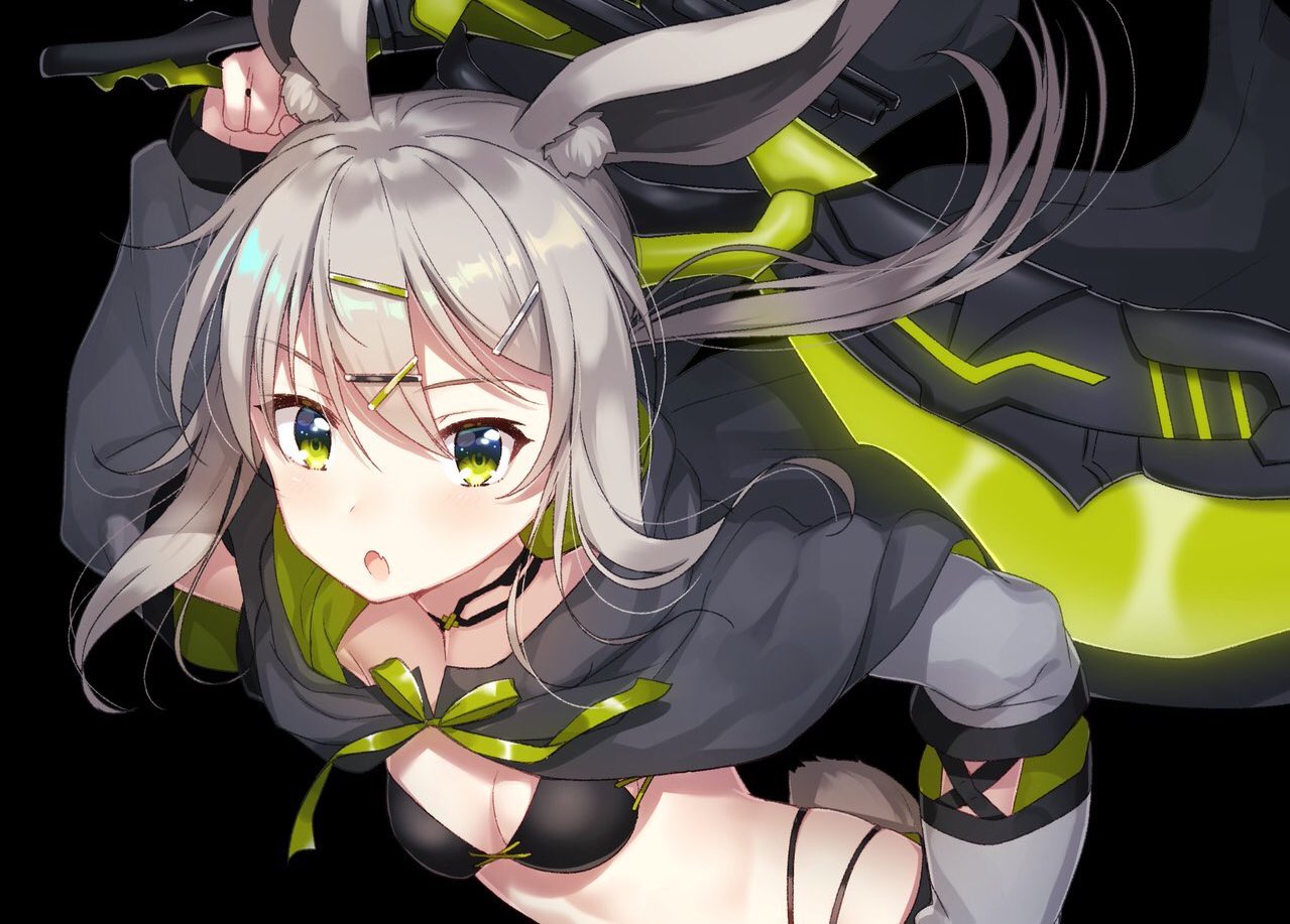 animal_ear_fluff animal_ears black_background black_bra black_panties bra breasts bunny_ears bunny_girl bunny_tail commentary_request copyright_request detached_sleeves fang green_eyes grey_hair hair_ornament hairclip hand_up holding holding_weapon huge_weapon ichiren_namiro long_hair long_sleeves looking_at_viewer multi-strapped_panties panties parted_lips simple_background small_breasts solo tail underwear weapon x_hair_ornament