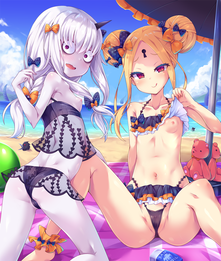 abigail_williams_(fate/grand_order) bags_under_eyes bangs beach beach_umbrella bikini black_bow blonde_hair bow breasts cloud collarbone commentary_request day double_bun emerald_float fang fate/grand_order fate_(series) hair_bow horn keyhole kneeling knees_up lavinia_whateley_(fate/grand_order) licking_lips long_hair looking_at_viewer looking_back multiple_girls navel nipples ocean one_breast_out open_mouth outdoors parted_bangs partially_visible_vulva purple_eyes red_eyes sanpaku see-through see-through_silhouette silver_hair sitting sky small_breasts star star_print stuffed_animal stuffed_toy swimsuit teddy_bear tongue tongue_out toraishi_666 umbrella wavy_mouth wide-eyed