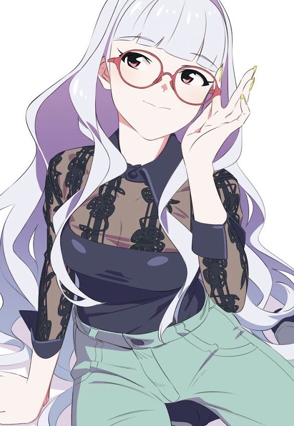 bangs black_shirt blue_pants blunt_bangs breasts cleavage closed_mouth commentary_request denim eyebrows_visible_through_hair fukushi_ryouhei glasses grey_hair idolmaster idolmaster_(classic) jeans large_breasts long_hair long_sleeves looking_to_the_side pants purple_eyes red-framed_eyewear shijou_takane shirt sitting smile solo very_long_hair