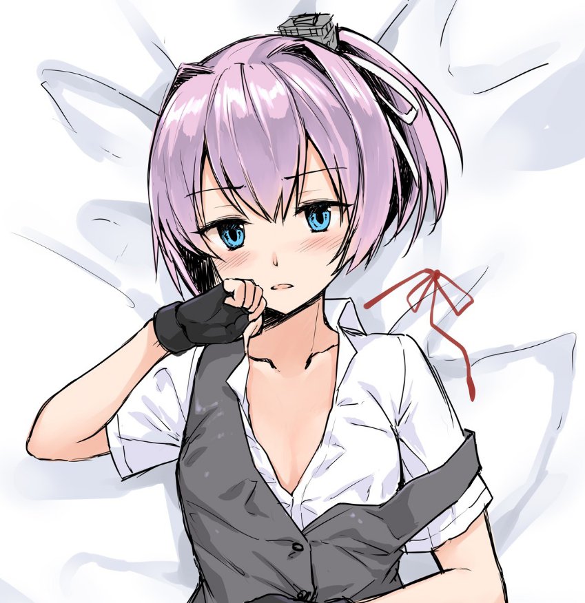 bangs bed_sheet black_vest blue_eyes blush collarbone collared_shirt commentary_request covered_nipples d: eyebrows_visible_through_hair eyes_visible_through_hair fingerless_gloves fukuroumori gloves hair_intakes hair_ornament hair_ribbon hand_to_own_mouth kantai_collection looking_at_viewer lying off_shoulder on_back open_mouth pink_hair ponytail red_ribbon remodel_(kantai_collection) ribbon ribbon_removed school_uniform see-through shiranui_(kantai_collection) shirt short_sleeves sketch solo unbuttoned upper_body vest white_ribbon white_shirt