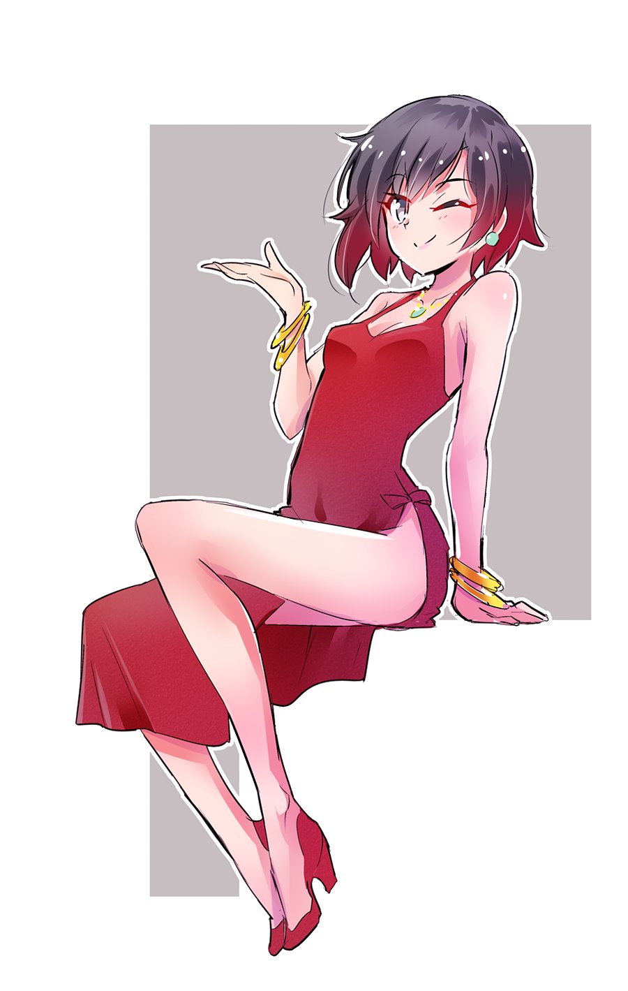 ;) black_hair bracelet commentary_request dress earrings full_body gradient_hair highres iesupa jewelry multicolored_hair one_eye_closed red_dress red_hair ruby_rose rwby shoes short_hair side_slit silver_eyes smile solo two-tone_hair
