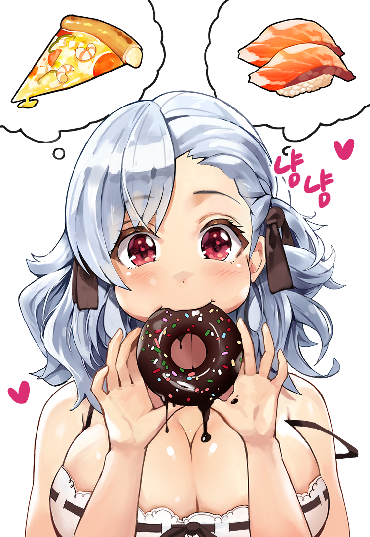 asymmetrical_bangs bangs bare_arms bare_shoulders blush breasts chocolate_doughnut cleavage commentary_request doughnut dress eating eto_(nistavilo2) eyebrows_visible_through_hair food girls_frontline head_tilt holding holding_food large_breasts long_hair pizza red_eyes ribbon-trimmed_dress ribbon_trim silver_hair simple_background slice_of_pizza solo spas-12_(girls_frontline) strap_slip sushi translation_request white_background white_dress