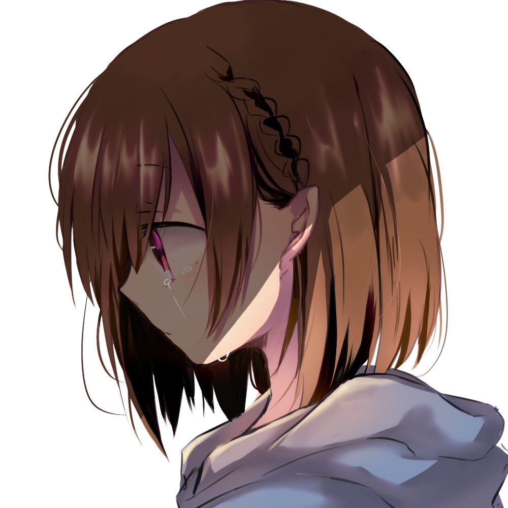 bad_id bad_pixiv_id bangs braid brown_hair commentary_request crying crying_with_eyes_open eyebrows_visible_through_hair grey_hoodie hair_between_eyes hood hood_down hoodie naoton original portrait profile purple_eyes short_hair simple_background solo tears white_background