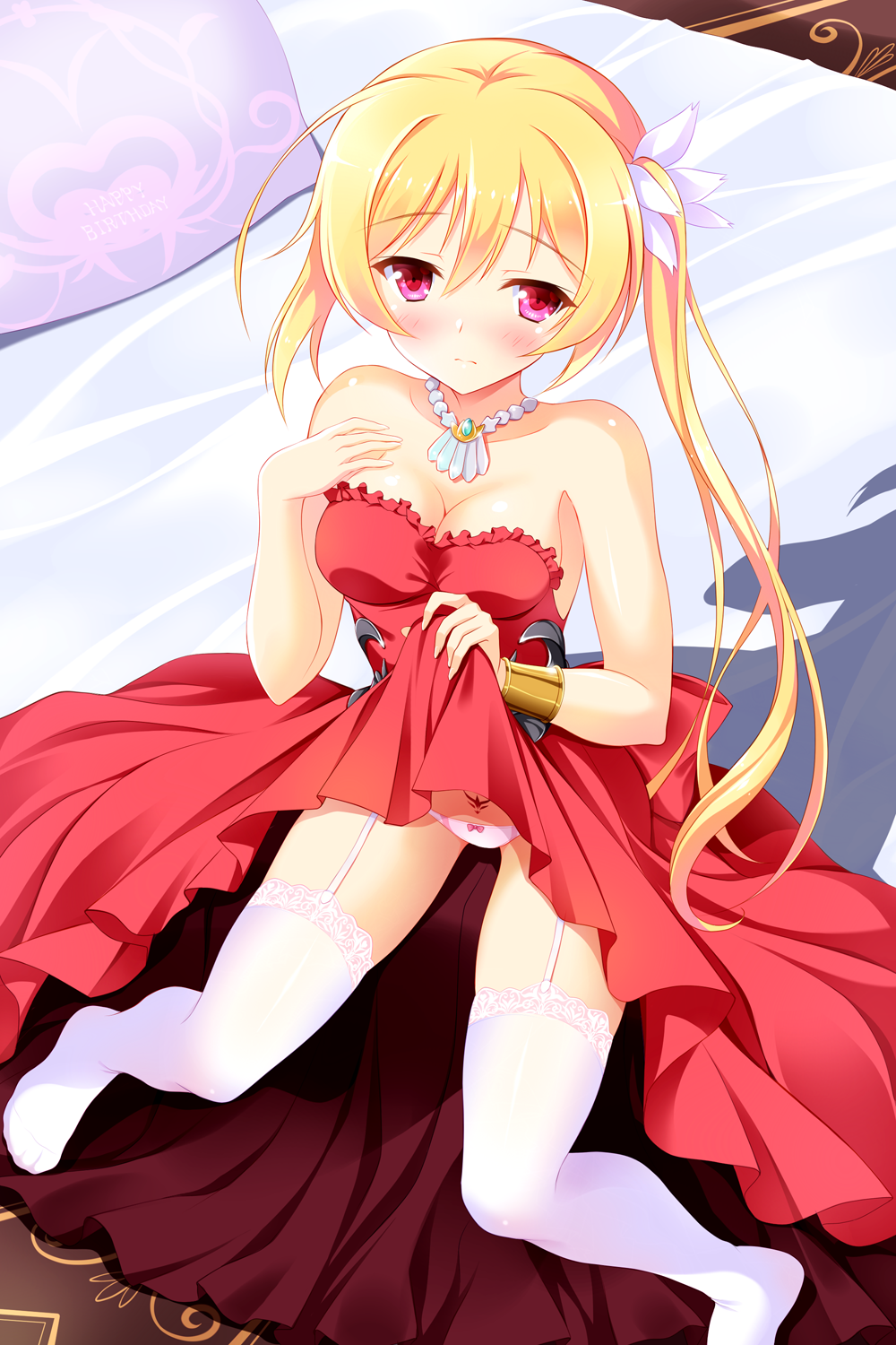bangs bare_arms bare_shoulders bashen_chenyue bed_sheet blonde_hair blush bow bow_panties breasts chinese_commentary cleavage closed_mouth commentary_request dress dress_lift eyebrows_visible_through_hair fingernails frilled_dress frills garter_straps hair_between_eyes hair_ribbon hand_on_own_chest hand_up happy_birthday highres jewelry lifted_by_self lisesharte_atismata long_hair medium_breasts necklace no_shoes on_bed panties pillow pink_panties pubic_tattoo red_dress ribbon saijaku_muhai_no_bahamut side_ponytail sidelocks sitting sitting_on_bed solo strapless strapless_dress tattoo thighhighs underwear very_long_hair white_legwear white_ribbon