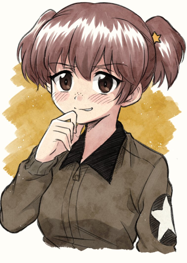 alisa_(girls_und_panzer) bangs blush brown_eyes brown_hair brown_jacket chin_grab commentary cropped_torso emblem evil_grin evil_smile eyebrows_visible_through_hair freckles girls_und_panzer grin hair_ornament jacket long_sleeves looking_at_viewer meis_(terameisu) military military_uniform saunders_military_uniform short_hair short_twintails smile solo star star_hair_ornament twintails uniform upper_body