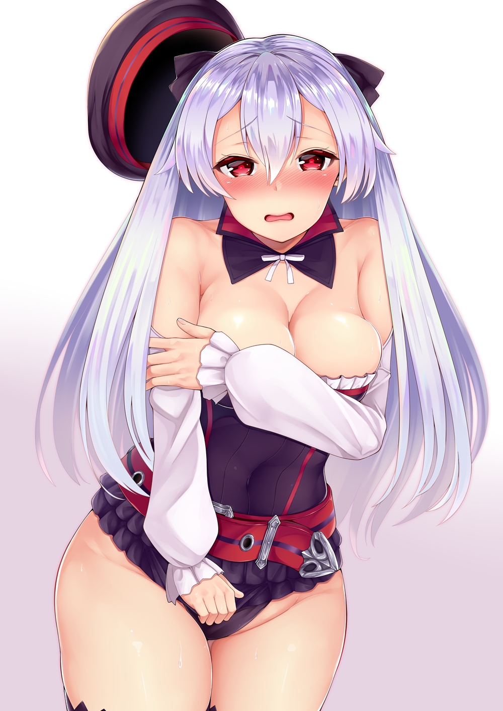 belt blush breasts cleavage collarbone commentary_request cosplay covering covering_breasts detached_collar detached_sleeves embarrassed fate/grand_order fate_(series) hair_ribbon hat hat_removed headwear_removed helena_blavatsky_(fate/grand_order) helena_blavatsky_(fate/grand_order)_(cosplay) highres kanemoto_hisako large_breasts leotard long_hair looking_at_viewer open_mouth red_eyes ribbon seiyuu_connection silver_hair solo strapless strapless_leotard thighhighs tomoe_gozen_(fate/grand_order) tomojo wavy_mouth white_sleeves
