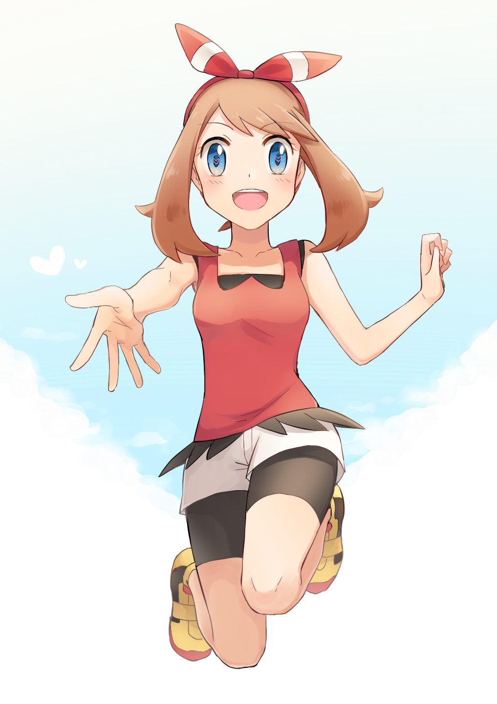 :d bangs bike_shorts black_shorts blue_eyes blush bow brown_hair collarbone eyebrows_visible_through_hair full_body hair_bow hairband haruka_(pokemon) highres long_hair looking_at_viewer ochi_(lokun) open_mouth outstretched_arm parted_bangs pokemon pokemon_(game) pokemon_oras red_hairband red_shirt shirt shoes short_shorts shorts shorts_under_shorts sleeveless sleeveless_shirt smile sneakers solo white_background white_shorts yellow_footwear