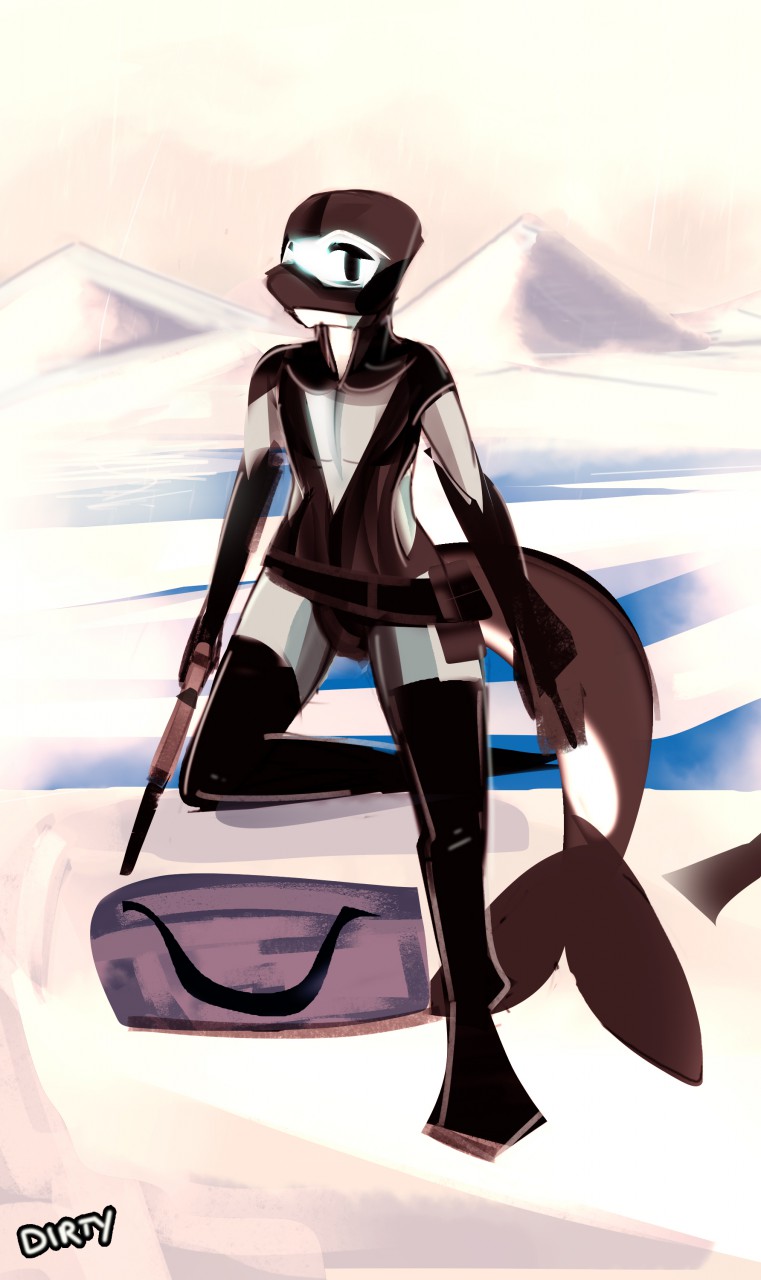 2017 anthro bag biped black_clothing black_eyes brown_skin brown_tail cetacean clothed clothing detailed_background digital_media_(artwork) digital_painting_(artwork) dirtyscoundrel dufflebag flippers front_view gun holding_object holding_weapon male mammal marine multicolored_skin ranged_weapon rubber scenery signature solo tailfin two_tone_skin weapon whale white_skin