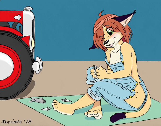 2018 anthro blush breasts car caracal cleavage clothed clothing delisle feeler_gauge feline female karen_caracal mammal mechanic nipples one_eye_closed overalls repair spark_plug tongue tongue_out vehicle wardrobe_malfunction