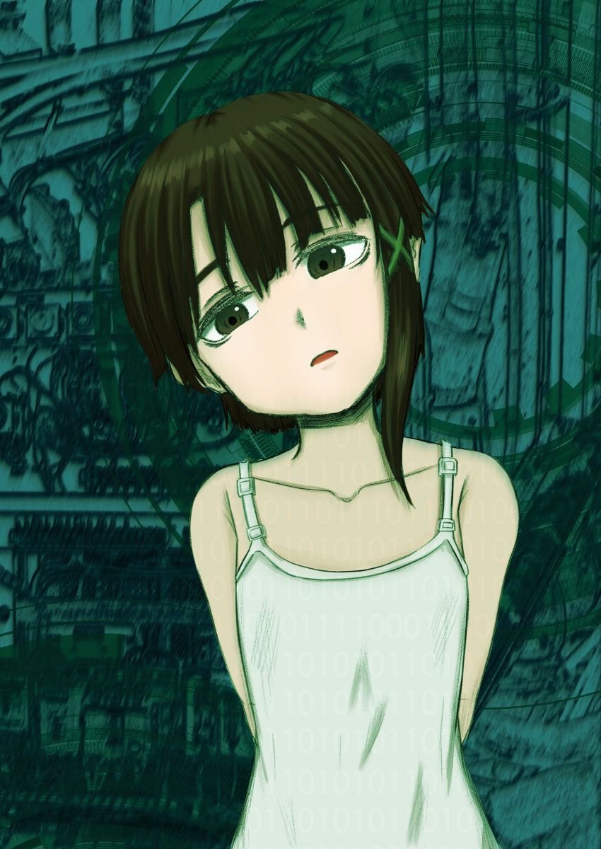 asymmetrical_bangs asymmetrical_hair bangs binary dress loli looking_at_viewer serial_experiments_lain short_hair