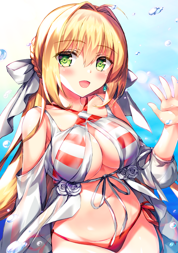 :d ahoge armpit_peek bangs bare_shoulders bikini blue_background blush braid breasts cleavage collarbone commentary_request cowboy_shot criss-cross_halter earrings eyebrows_visible_through_hair fate/grand_order fate_(series) flower fukase_ayaka gradient gradient_background green_eyes hair_between_eyes hair_intakes hair_ribbon halterneck hand_up jewelry large_breasts long_hair long_sleeves looking_at_viewer mismatched_bikini navel nero_claudius_(fate)_(all) nero_claudius_(swimsuit_caster)_(fate) open_mouth petals red_bikini red_ribbon ribbon rose see-through shiny shiny_hair side-tie_bikini smile solo straight_hair striped_bikini_top swimsuit very_long_hair water_drop waving white_flower white_ribbon white_rose