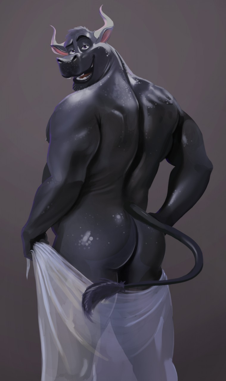 2018 anthro belly big_belly big_butt bovine butt cattle digital_media_(artwork) frostbiteposters fur grey_fur hair hi_res horn looking_at_viewer looking_back male mammal muscular muscular_male nipples nude open_mouth overweight pecs purple_eyes simple_background smile solo sweat teeth thick_thighs towel translucent wet