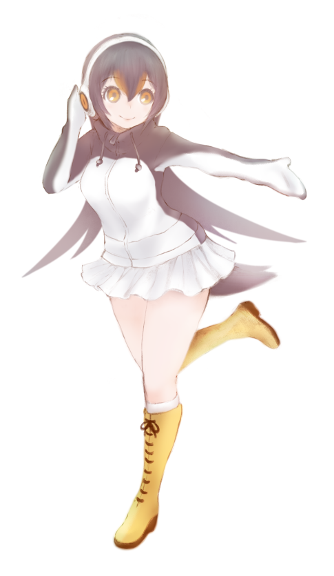 bird_tail black_hair boots drawstring eyebrows_visible_through_hair full_body gentoo_penguin_(kemono_friends) hair_between_eyes hand_up ise_(0425) jacket kemono_friends knee_boots long_hair looking_away miniskirt multicolored_hair orange_eyes orange_hair outstretched_arm simple_background skirt smile solo standing standing_on_one_leg white_background white_skirt yellow_footwear