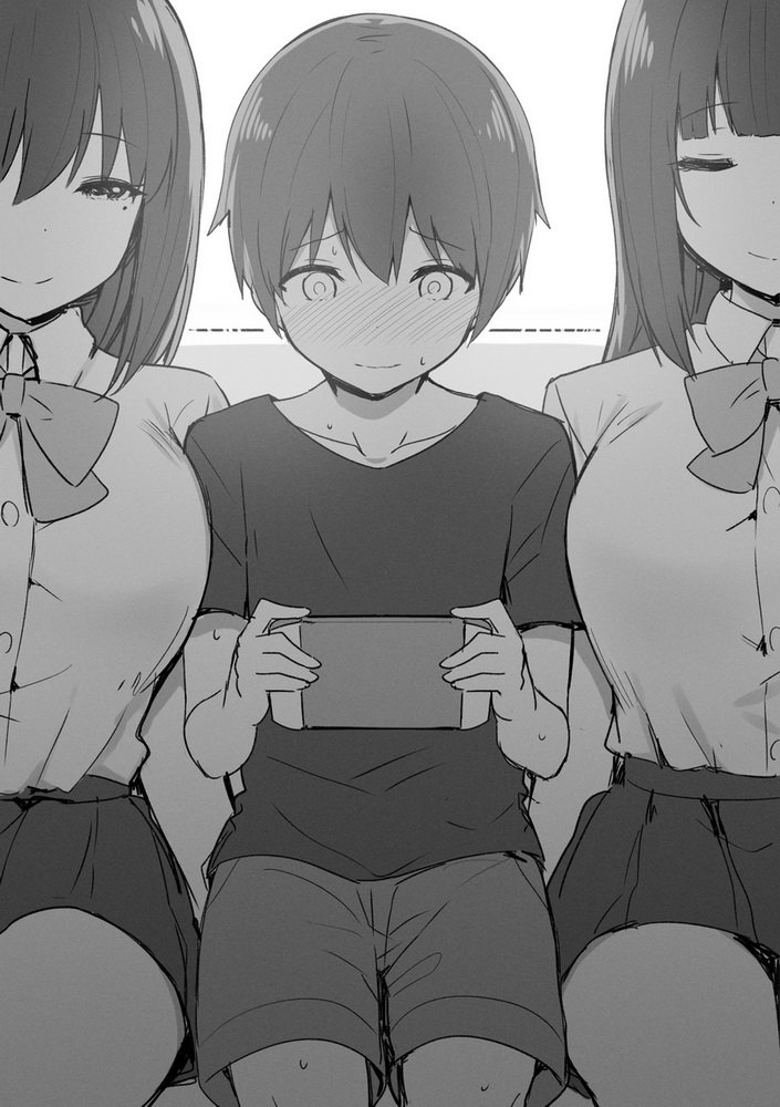 2girls age_difference bangs black_hair blank_stare blunt_bangs blush bow bowtie breasts closed_eyes collarbone collared_shirt empty_eyes eyebrows_visible_through_hair game_console girl_sandwich greyscale hair_between_eyes handheld_game_console holding holding_handheld_game_console huge_breasts long_hair looking_at_another mole mole_under_eye monochrome multiple_girls nintendo_switch open_mouth original playing_games pleated_skirt sandwiched school_uniform shirt short_sleeves shorts sitting skirt sky_(freedom) sweat t-shirt tareme thighs train_interior video_game