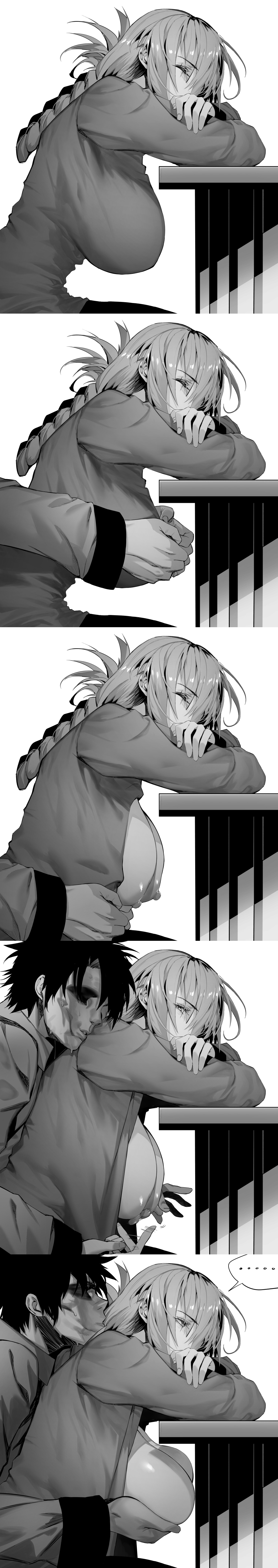 1boy 1girl absurdres bangs blush breasts closed_eyes fate/grand_order fate_(series) florence_nightingale_(fate/grand_order) greyscale groping highres hxd jacket large_breasts long_hair long_image looking_at_viewer michael_myers monochrome multiple_views open_clothes open_jacket sitting sleeping tall_image