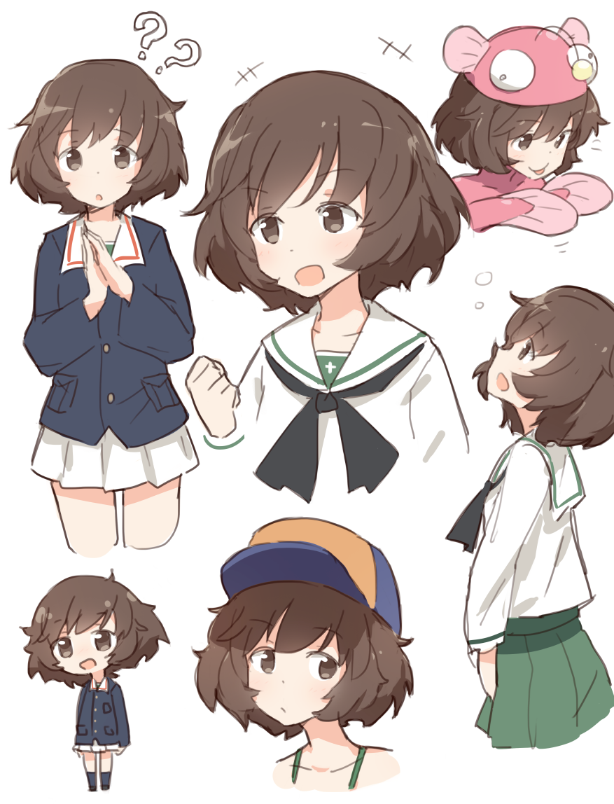 1girl :o ?? akiyama_yukari anglerfish anglerfish_costume bangs baseball_cap black_legwear black_neckwear blouse blue_hat blue_jacket brown_eyes brown_footwear brown_hair clenched_hand closed_mouth commentary coupon_(skyth) cropped_legs cropped_neck cropped_torso cross eyebrows_visible_through_hair from_side frown girls_und_panzer green_shirt green_skirt hands_together hat jacket loafers long_sleeves looking_at_viewer looking_up messy_hair military military_uniform miniskirt motion_lines neckerchief ooarai_military_uniform ooarai_school_uniform open_mouth pleated_skirt school_uniform serafuku shirt shoes short_hair single_stripe skirt smile socks standing uniform white_background white_blouse white_skirt