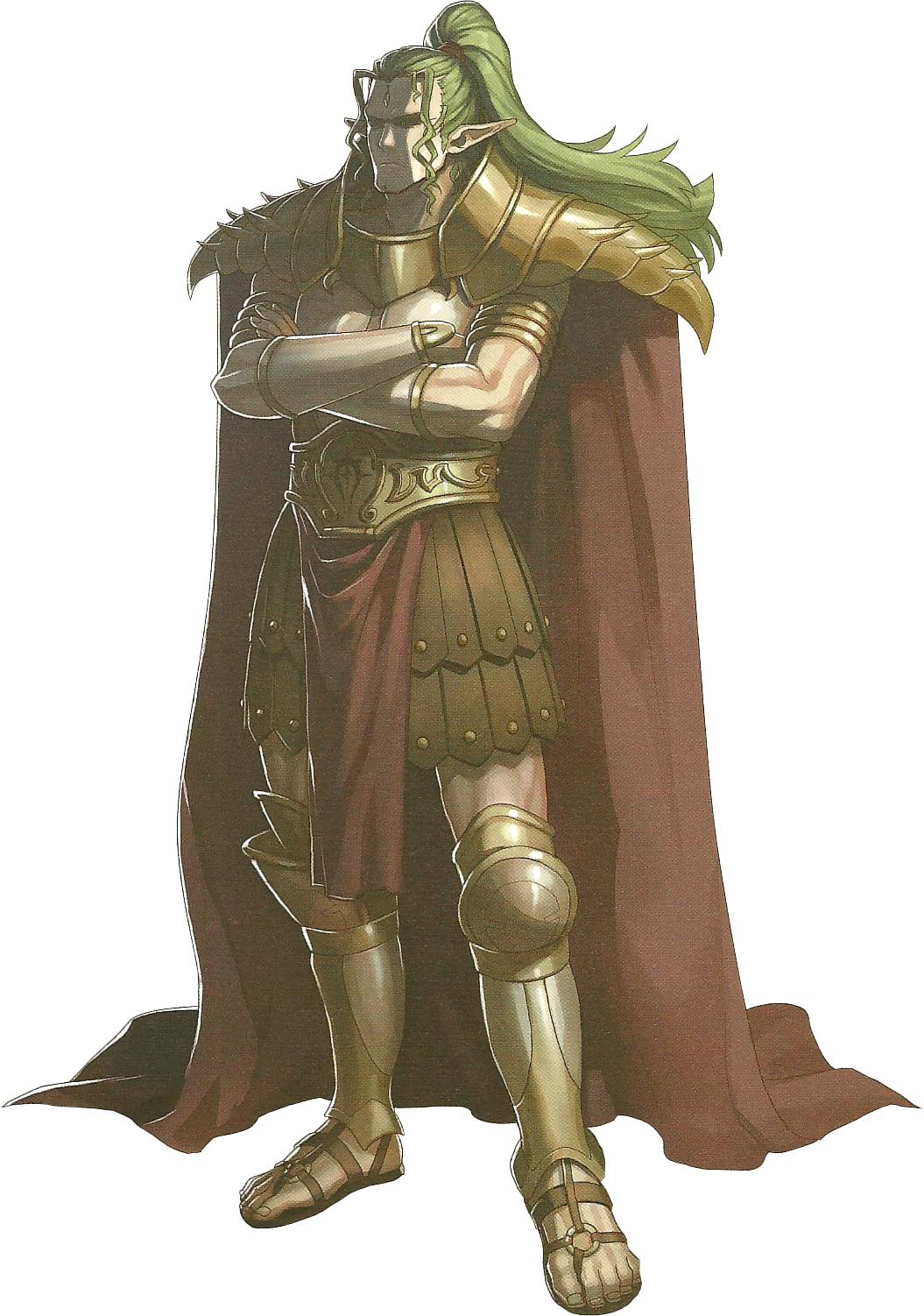 armor bracelet cape crossed_arms doma_(fire_emblem) fire_emblem fire_emblem_echoes:_mou_hitori_no_eiyuuou full_body green_hair hidari_(left_side) highres jewelry long_hair male_focus official_art pointy_ears ponytail sandals scan solo transparent_background