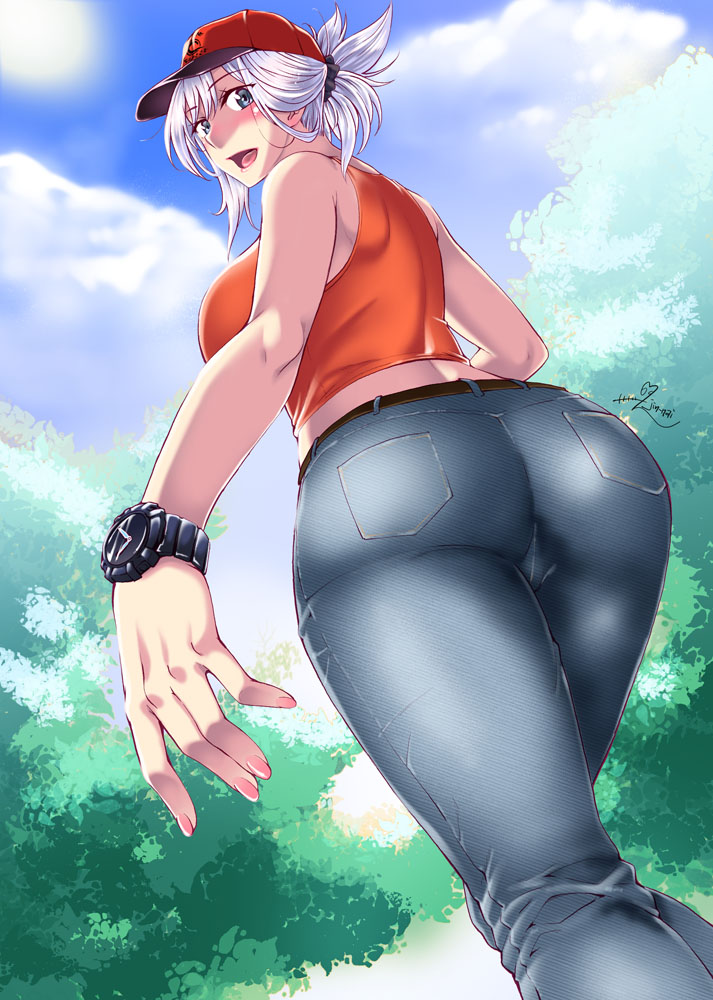 1girl alternate_costume ass bare_shoulders baseball_cap blue_eyes breasts denim fate/grand_order fate_(series) fingernails from_behind from_below hat huge_ass jeans jinnai large_breasts long_fingernails looking_at_viewer looking_back looking_down miyamoto_musashi_(fate/grand_order) open_mouth pants ponytail shiny shiny_clothes shiny_hair shirt short_hair sideboob smile solo watch wristwatch