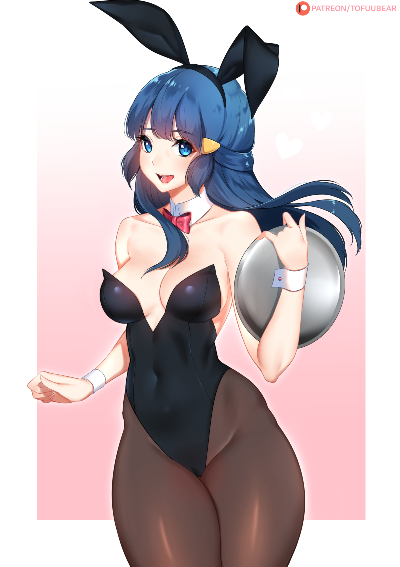 alternate_costume animal_ears artist_name bare_shoulders black_hairband black_legwear black_leotard blue_eyes blue_hair border bow bowtie breasts bunny_ears bunnysuit cameltoe collarbone covered_navel cowboy_shot detached_collar eyebrows_visible_through_hair fake_animal_ears gradient gradient_background hair_ornament hairband hairclip hand_up happy heart hikari_(pokemon) holding holding_tray leotard long_hair looking_at_viewer medium_breasts open_mouth pantyhose patreon_logo patreon_username pink_background pokemon pokemon_(game) pokemon_dppt red_neckwear shiny shiny_clothes shiny_hair sidelocks simple_background smile solo standing strapless strapless_leotard teeth tied_hair tofuubear tongue tray watermark white_border wrist_cuffs