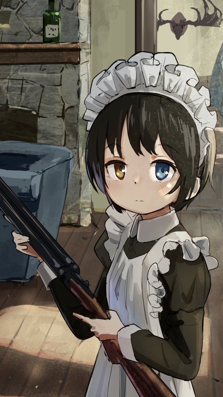 apron armchair black_dress black_hair blue_eyes blush bottle chair commentary_request dress eyebrows_visible_through_hair gun heterochromia highres holding holding_gun holding_weapon indoors kamemaru light_smile long_sleeves looking_at_viewer maid maid_apron maid_headdress original shelf short_hair shotgun solo trigger_discipline weapon white_apron wooden_floor yellow_eyes