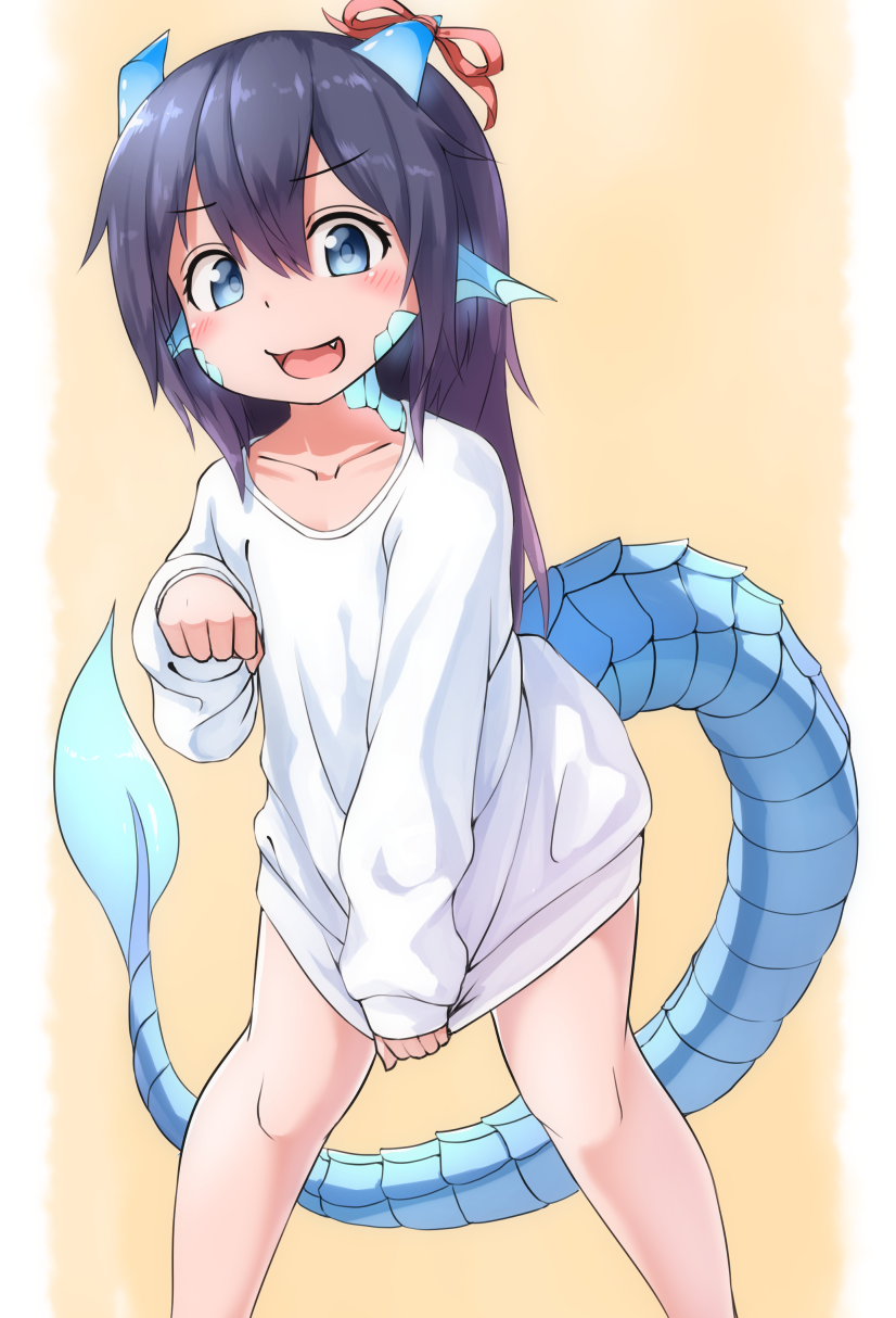 :d bare_legs blue_eyes blush collarbone dragon_girl dragon_tail eyebrows_visible_through_hair fang hair_between_eyes head_fins highres horn_ribbon horns kyabe_tsuka leaf-chan long_hair looking_at_viewer open_mouth original paw_pose purple_hair red_ribbon ribbon scales shirt shirt_tug simple_background sleeves_past_wrists smile solo tail white_shirt yellow_background