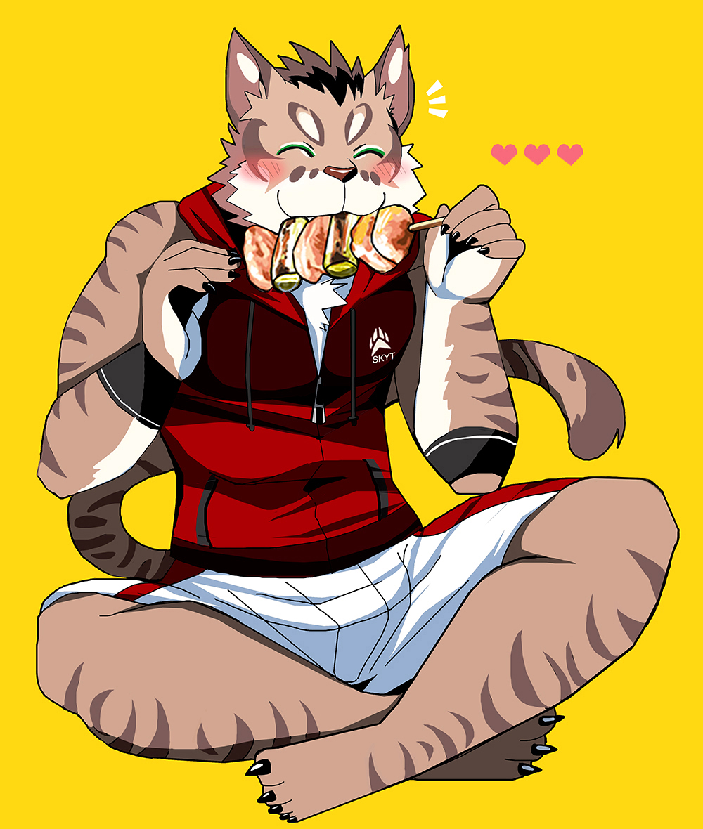 &lt;3 2018 5_toes anthro barefoot bearlovestiger13 blush cat claws clothed clothing eating eyes_closed feline food fully_clothed hoodie male mammal nekojishi shu-chi sitting solo toe_claws toes