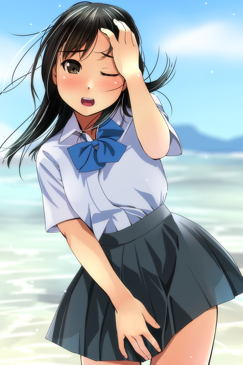 ;d arm_up bangs black_hair blue_bow blue_sky blurry blurry_background blush bow brown_eyes cloud collared_shirt commentary_request day depth_of_field eyebrows_visible_through_hair fingernails grey_skirt hand_on_own_head head_tilt highres leaning_to_the_side long_hair looking_at_viewer matsunaga_kouyou nose_blush ocean one_eye_closed open_mouth original outdoors pleated_skirt shirt short_sleeves skirt sky smile solo water white_shirt