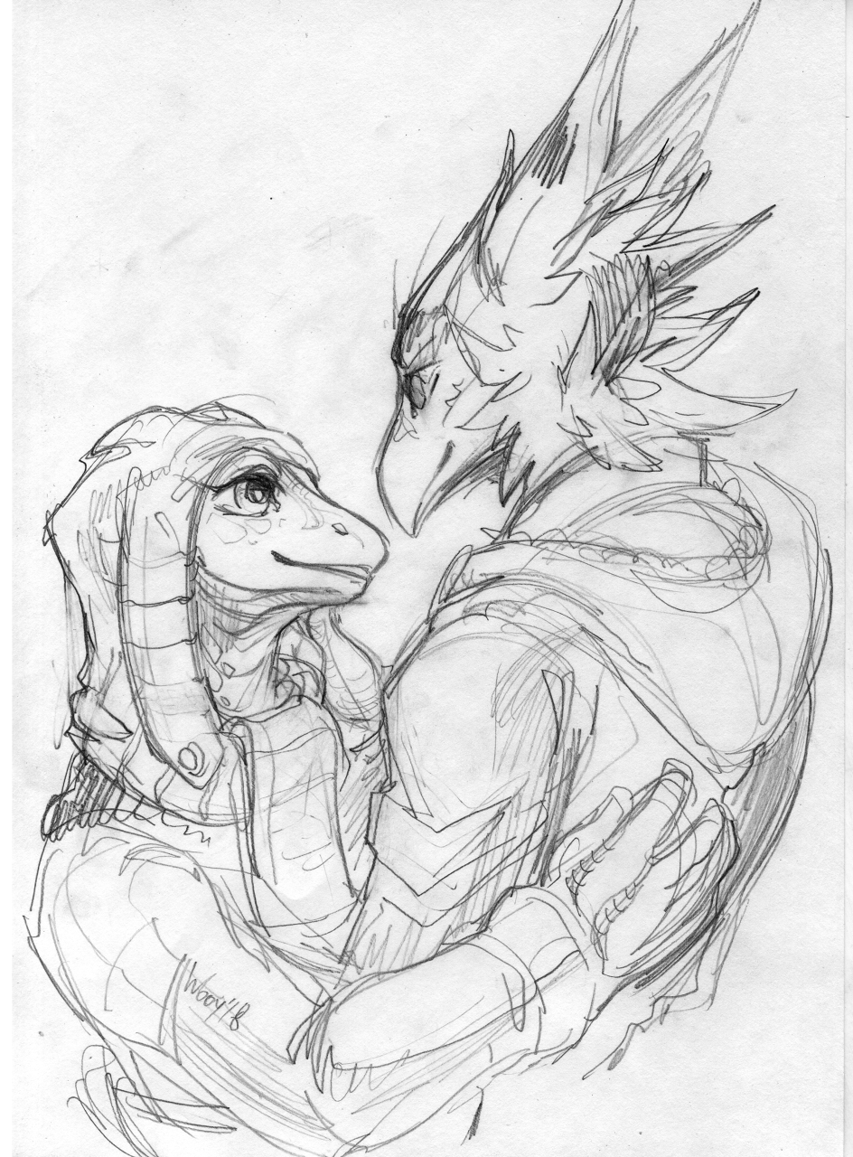 2018 anthro avian bird clothed clothing duo embrace eye_contact female greyscale gryphon lizard male monochrome reptile scalie scarf sketch wooy
