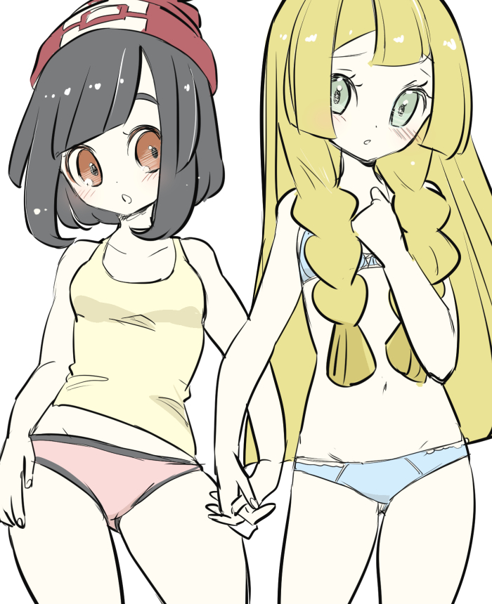 bare_shoulders beanie black_hair blonde_hair blue_bra blue_panties blush bra braid breasts chorimokki collarbone commentary_request cowboy_shot green_eyes groin hand_up hat holding_hands lillie_(pokemon) long_hair looking_at_another looking_at_viewer looking_to_the_side mizuki_(pokemon) multiple_girls navel orange_eyes panties parted_lips poke_ball_symbol poke_ball_theme pokemon pokemon_(game) pokemon_sm red_hat red_panties shiny shiny_hair shirt short_hair simple_background sketch sleeveless sleeveless_shirt small_breasts standing tied_hair twin_braids underwear underwear_only white_background yellow_shirt